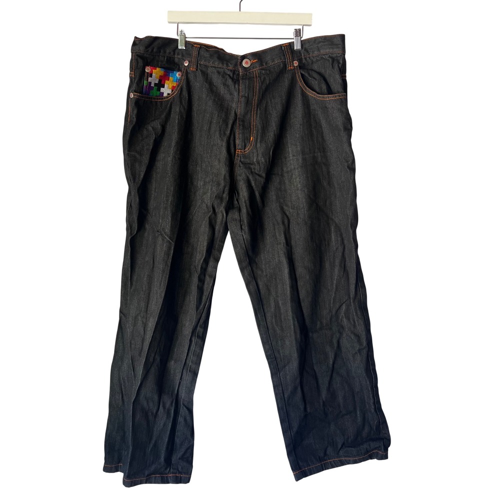 Risk Mens Dark Wash‎ Denim Jeans Multi Color Pixel Cross Pockets 44x32